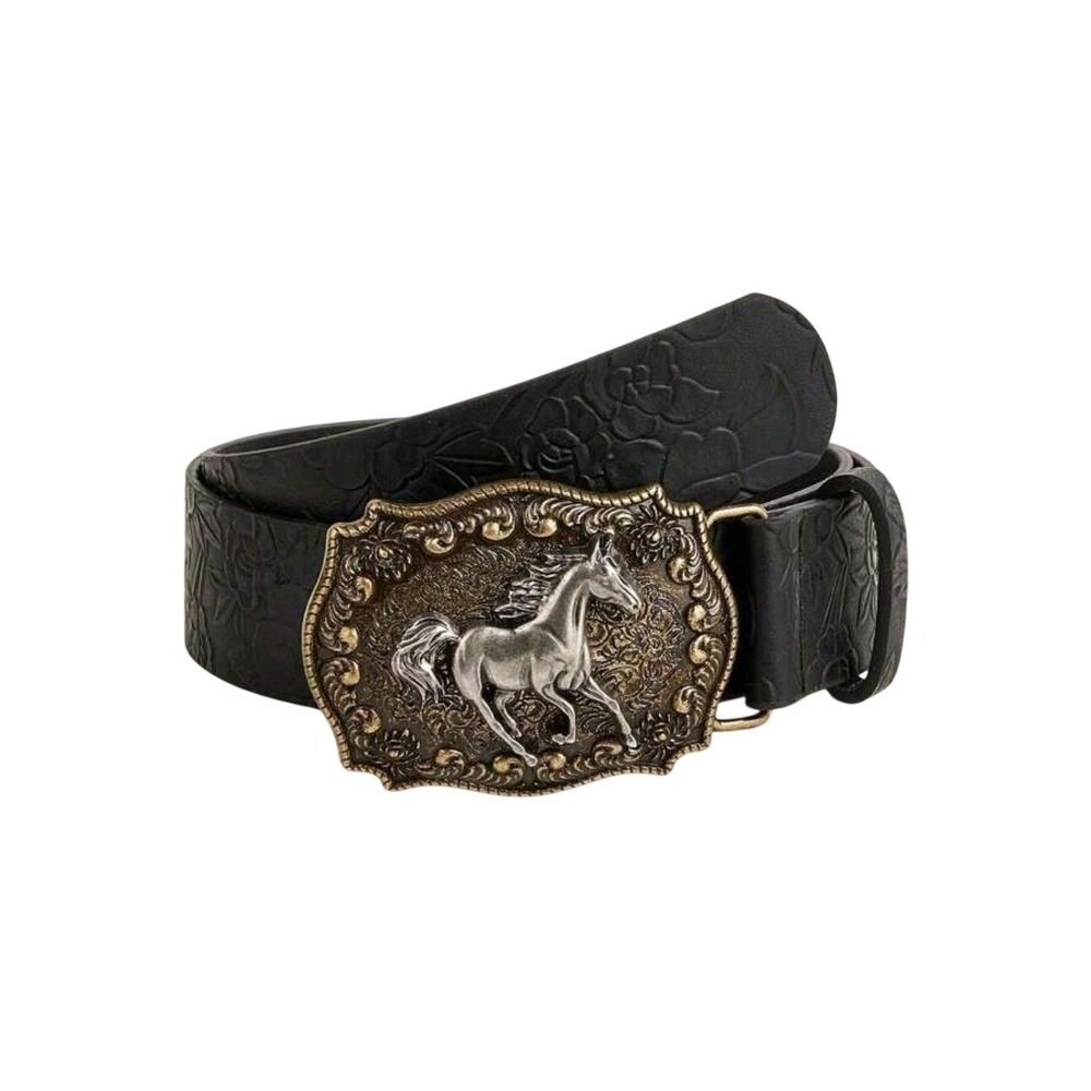 Horse Belt Womens Black Floral Embossed Western Rodeo Statement Buckle 40 inches
